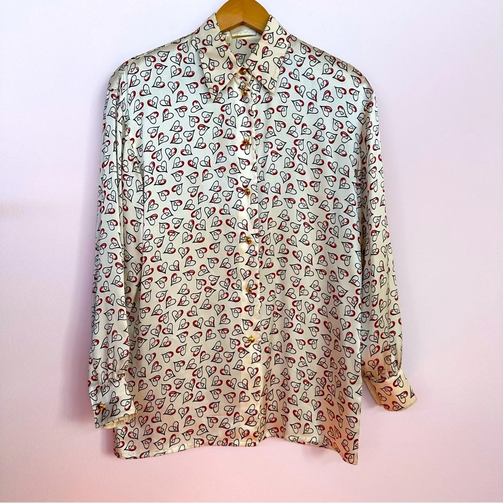 Escada Long Sleeve Heart Patterned Silk Blouse - Picture 1 of 11
